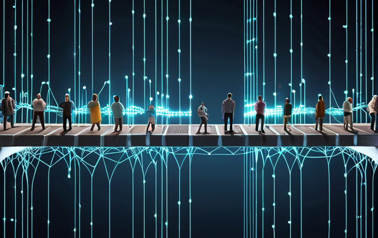 **
"A diverse group of people collaboratively building a digital bridge representing the internet. Glowing code streams and network connections illustrate information flow. Keywords like 'digital rights,' 'data privacy,' 'digital literacy,' and 'open source' float among them. A balanced scale symbolizes fairness in the digital world."
**